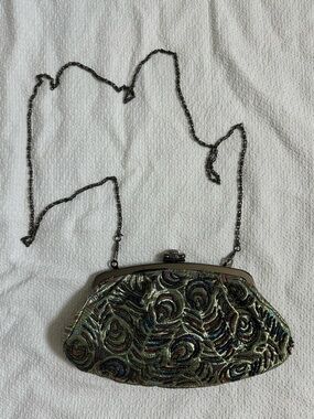 Moni Couture Beaded Metallic Evening Clutch Crystal Clasp Chain Strap Bag